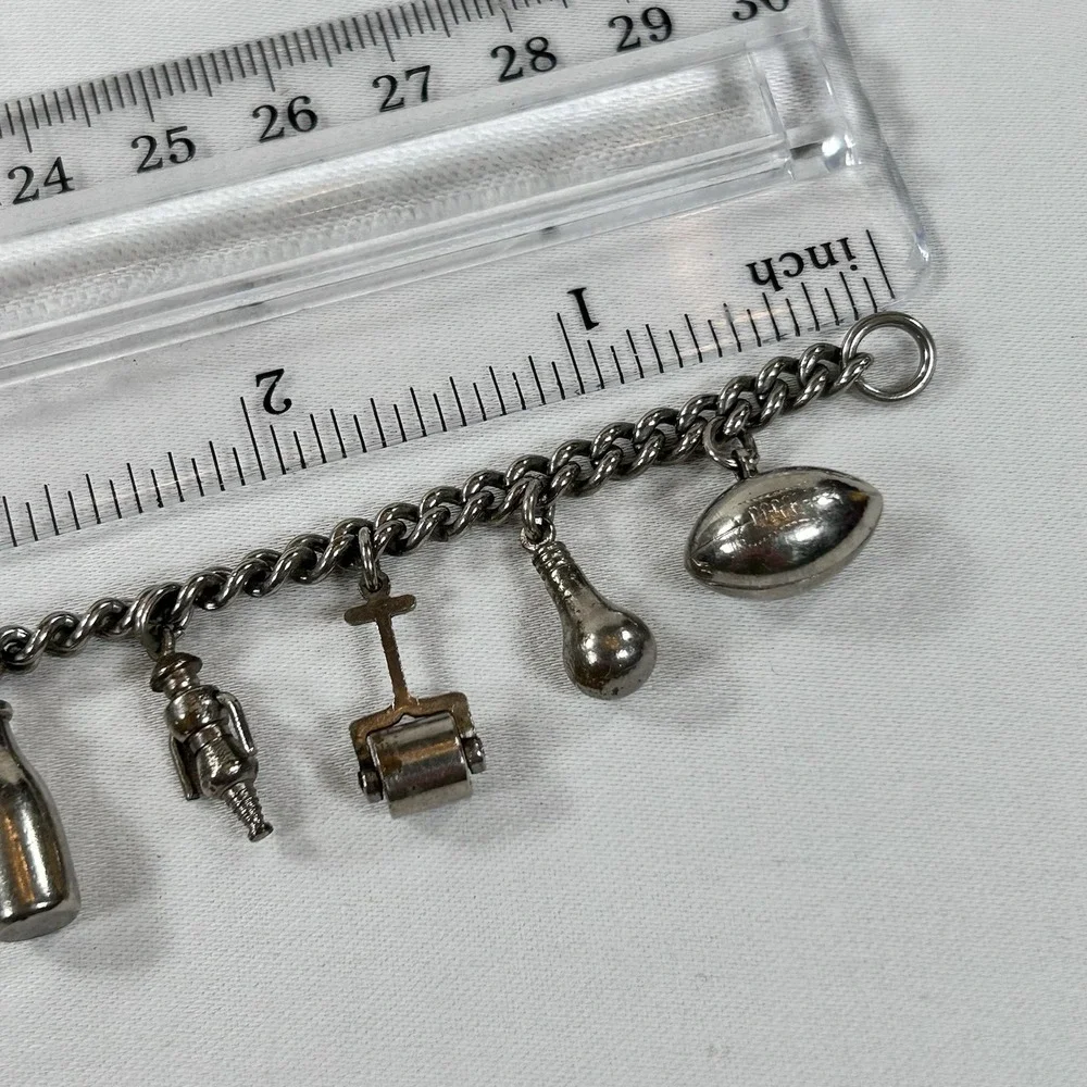 Vintage 1950 Charm Bracelet 11 Charms Travel Themed Silver Tone Clamp Soldier